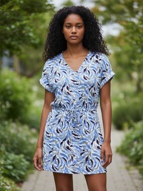 Lou & Grey Abstract Print V-Neck French Terry Mini Dress | M | Beach | Casual